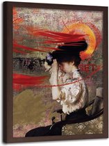 Foto in frame ,Artistieke Vrouw  met hoed ,Historisch Tafereel ,70x100cm , Multikleur , wanddecoratie