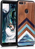 kwmobile telefoonhoesje compatibel met Huawei Enjoy 7S / P Smart (2017) - Hoesje met bumper in lichtblauw / wit / donkerbruin - walnoothout - Hout Glory Water design