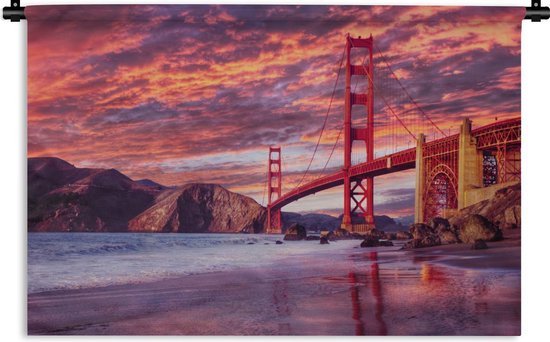 Wandkleed Golden Gate Bridge - De Golden gate bridge met een mooie paarse lucht Wandkleed katoen 180x120 cm - Wandtapijt met foto XXL / Groot formaat!