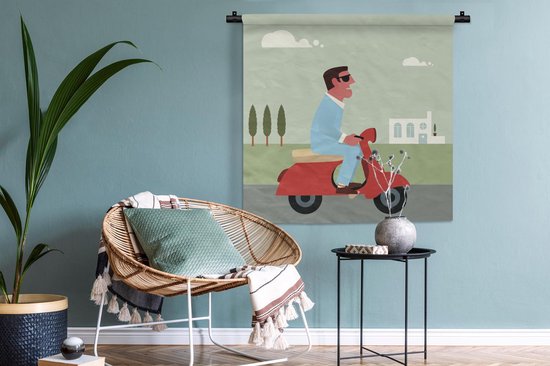 Tapisserie Illustration Vespa - Illustration d'un homme sur une Vespa rouge Tapisserie coton 90x90 cm - Tapisserie avec photo