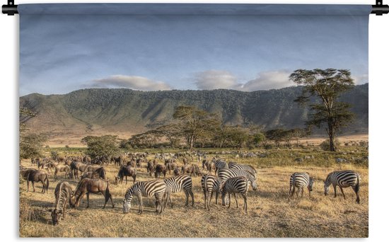 Wandkleed Ngorongoro - De Ngorongoro krater met veel wilde dieren die staan te grazen in Tanzania Wandkleed katoen 120x80 cm - Wandtapijt met foto