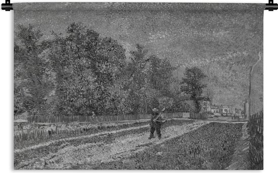 Wandkleed Vincent van Gogh - Outskirts of Paris; Road with Peasant Shouldering a Spade zwart-wit - Schilderij Vincent van Gogh Wandkleed katoen 60x40 cm - Wandtapijt met foto