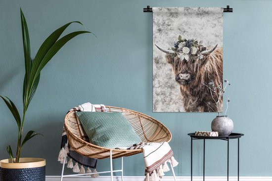 Tapisserie Scottish HighlanderIllustrations de Noël - Highlander écossais avec une couronne de fleurs Tapisserie coton 60x90 cm - Tapisserie avec photo