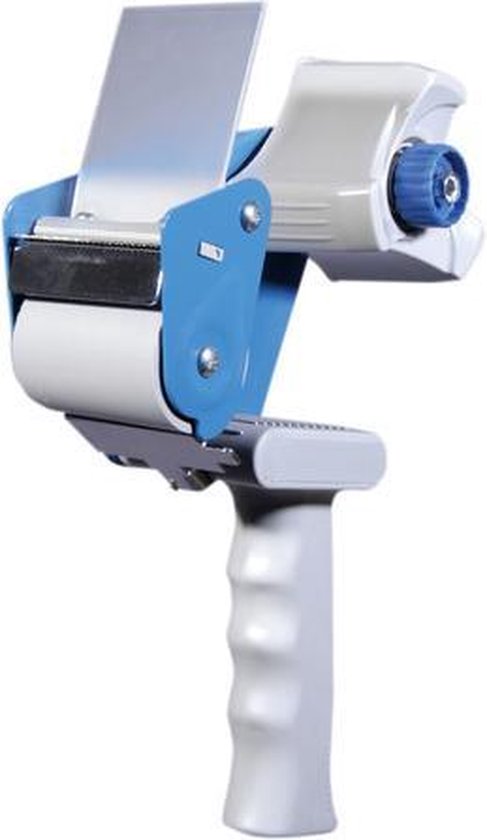 Een grijze en blauwe tape dispenser, met een gedetailleerde grip.