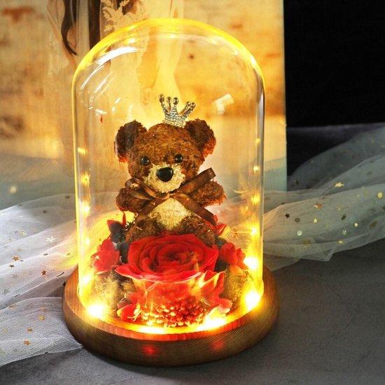 Eeuwige Roos in Glas met LED verlichting - Queen Teddybeer - Valentijn - Moederdag - Huwelijk - Decoratief - Liefdes Cadeau - Moederdag Cadeautje