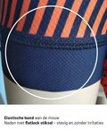 Detail van een blauwe mouw met oranje strepen en elastische band met platte naden
