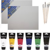 Painters paint set de 6x tubes de peinture acrylique/hobby paint 75 ml + 2x toiles de 40 x 60 cm + 5x pinceaux - grands tubes
