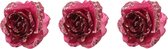 6x stuks decoratie bloemen roos framboos roze (magnolia) glitter op clip 14 cm - Decoratiebloemen/kerstboomversiering