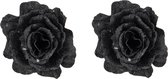 2x stuks decoratie bloemen roos zwart glitter op clip 10 cm - Decoratiebloemen/kerstboomversiering/kerstversiering