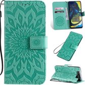 Geperst afdrukken Zonnebloempatroon Horizontale flip PU lederen tas voor Galaxy A80, met houder en kaartsleuven en portemonnee en lanyard (groen)