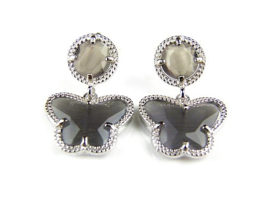 Zilveren oorringen oorbellen Model Vlinder en Rond gezet met grijze steen