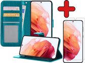 Samsung S21 Hoesje Book Case Met Screenprotector - Samsung Galaxy S21 Case Hoesje Wallet Cover Met Screenprotector - Turquoise