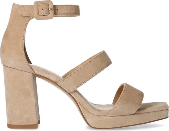 Manfield - Dames - Taupe suède sandalen met hak - Maat 36 | bol.com