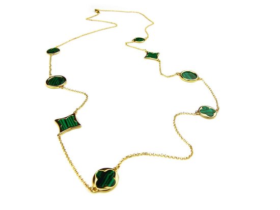 lange zilveren collier halsketting halssnoer geelgoud verguld Model Blossom met groene stenen