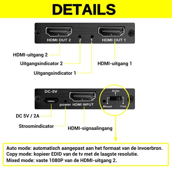 Rde Topic Professionele HDMI-Splitter 2 in 1 met HDMI Kabel– Dupliceren van hetzelfde Beeldscherm – Inclusief HDMI Kabel - 2 Poorts, 1 in en 2 Uitgaande HDMI’s – Verdeler Monitors en Tv’s - Rde Topic HDMI splitter