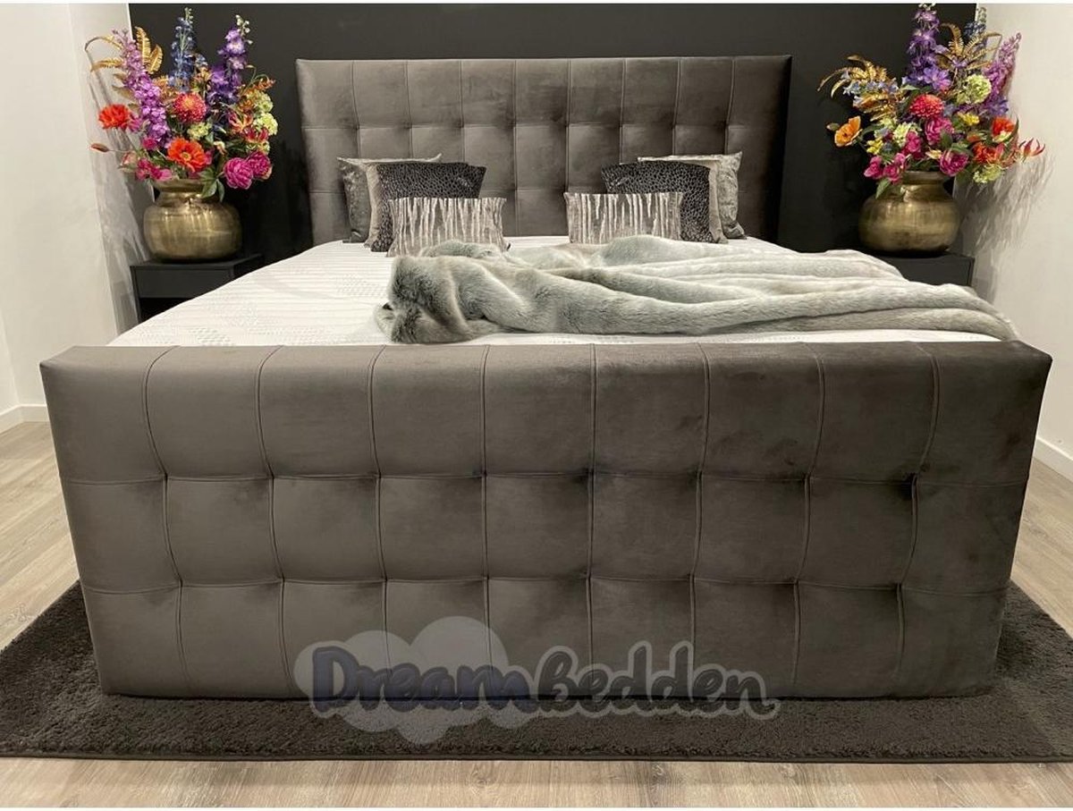 dreambedden Boxspring 140x220 Adige incl. Meegestofferde 7-zones Pocketvering matrassen & HR45 koudschuim Hotel Topper en Voetbord. Grijs