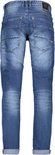 Achterkant van blauwe jeans met stone wash used look. Twee achterzakken en rolzomen.
