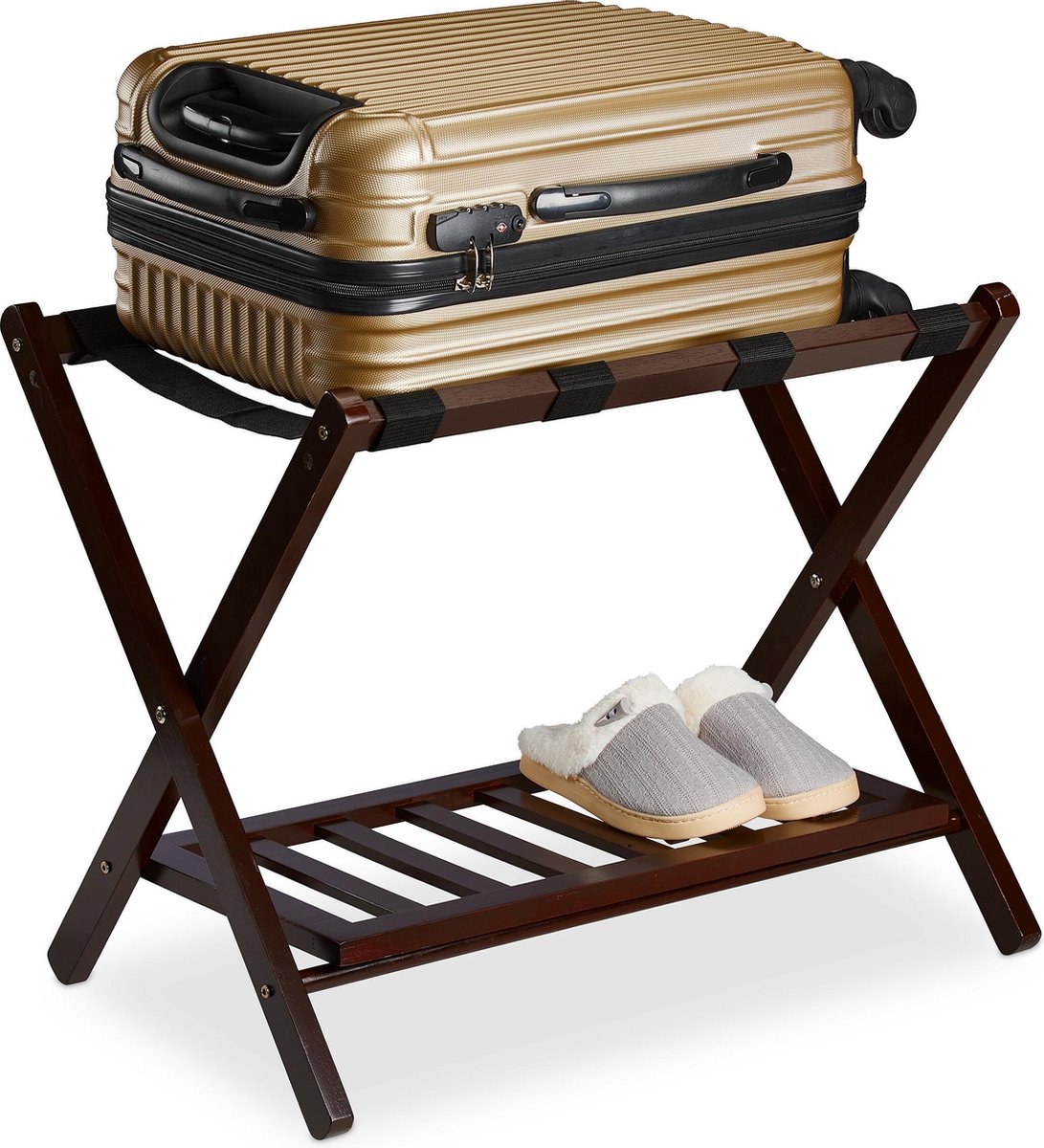 Relaxdays inklapbaar kofferrek - met plank - houten bagagerek - bagagestandaard hotel - bruin