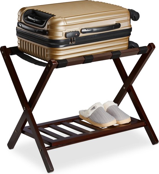 relaxdays porte-bagages pliant - avec étagère - porte-bagages en bois - porte-bagages hotel brownstandaard