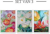 SissBizz | Premium Poster Set Bloemen | Magnolia | Tulp | Veldbloemen | Unframed A4 (21x 29,7cm) | Wanddecoratie | Kleur Multi | Set van 3