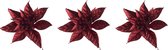 3x stuks decoratie bloemen kerstster rood glitter op clip 15 cm