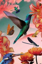 Kleurrijke kolibries met bloemen op Canvas - WallCatcher | 40 x 60 cm | Hip schilderij | Wanddecoratie met uniek ontwerp | Hummingbirds with flowers op Canvasdoek