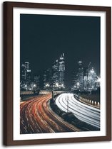 Foto in frame , Weg naar de stad in de nacht ,80x120cm , Multikleur , wanddecoratie