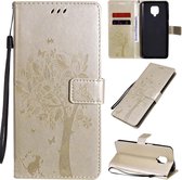 Voor Xiaomi Redmi Note 9 Pro Tree & Cat reliÃ«fpatroon Horizontale flip lederen tas met houder & kaartsleuven & portemonnee en lanyard (goud)