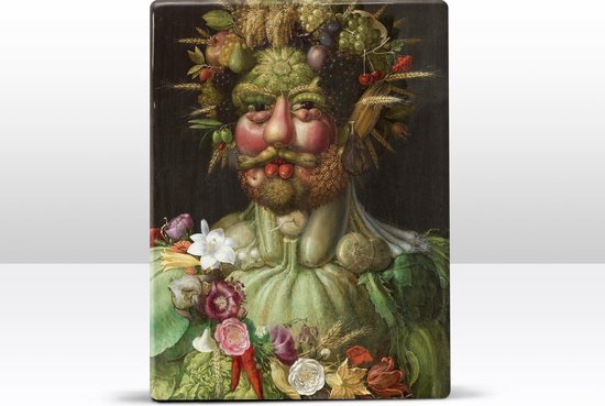Rudolf_II_of_Habsburg_as_Vertumnus - Giuseppe Arcimboldo - 19,5 x 26 cm - Niet van echt te onderscheiden schilderijtje op hout - Mooier dan een print op canvas - Laqueprint.