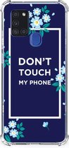 Shockproof Case Geschikt voor Samsung Galaxy A21s Smartphonehoesje met transparante rand Flowers Blue Don't Touch My Phone