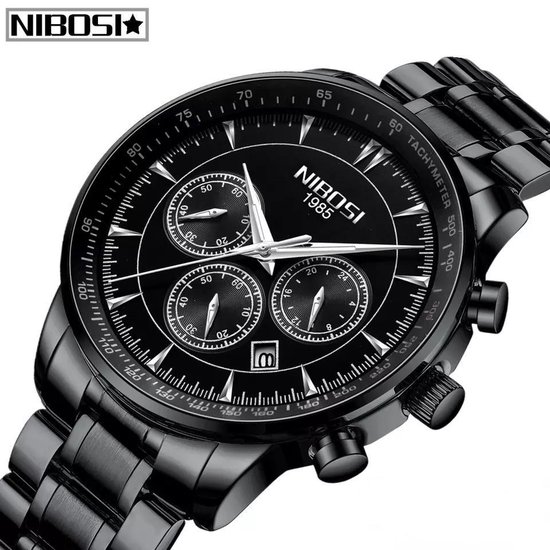 NIBOSI© Horloges voor mannen - Horloge mannen - Luxe Zwart op Zwart Design  – Zilveren | bol.com