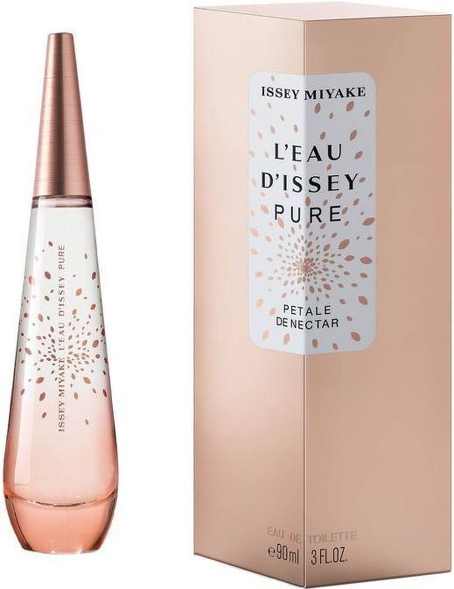 Issey Miyake L'Eau d'Issey Pure parfumfles met roze druppels en koperen dop.