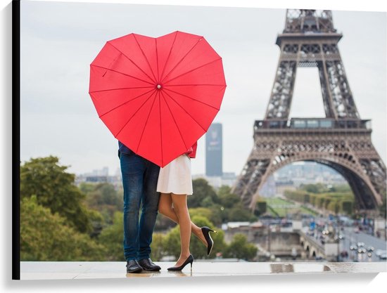 Canvas  - Liefdes Paraplu bij Eiffeltoren - 100x75cm Foto op Canvas Schilderij (Wanddecoratie op Canvas)