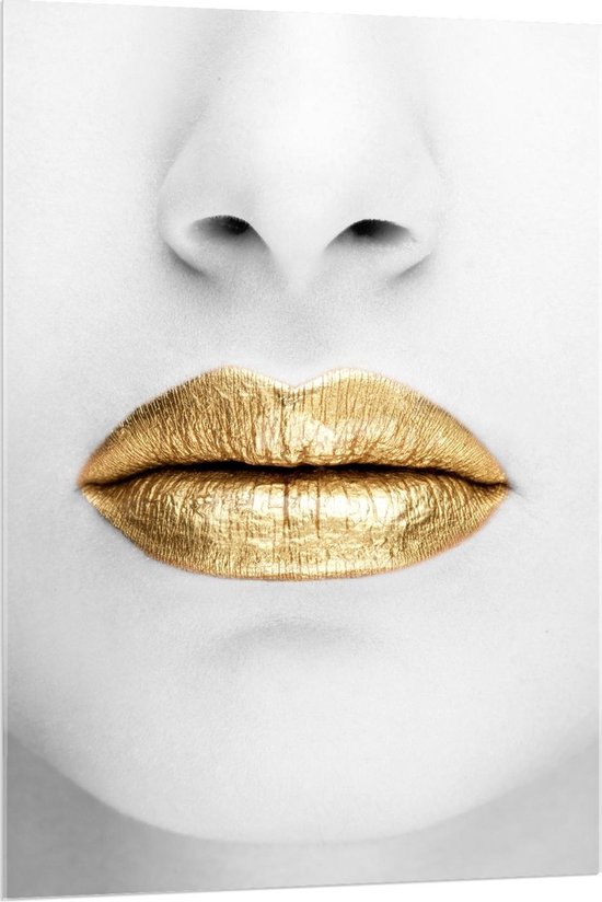 Acrylglas - Gouden lip op Zwart/Wit Persoon - 80x120cm Foto op Acrylglas (Wanddecoratie op Acrylglas)