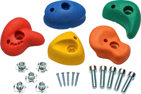 Set van vijf gekleurde klimstenen: rood, geel, oranje, blauw en groen, met bevestigingsmateriaal.