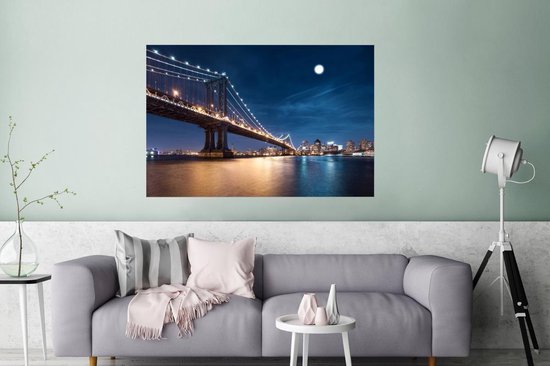 Affiche Moonlight over the Manhattan bridge 180x120 cm - Tirage photo sur Poster (décoration murale salon / chambre) / Affiche Villes XXL / Groot format!
