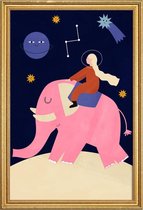 JUNIQE - Poster met houten lijst Elephant Ride -30x45 /Blauw & Roze
