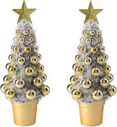 2x stuks complete mini kunst kerstboompje/kunstboompje zilver/goud met kerstballen 30 cm - Kerstbomen - Kerstversiering