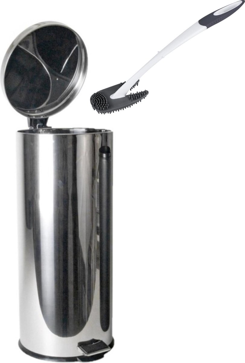 RVS vuilnisbak/pedaalemmer 30 liter 65 cm - Inclusief hygienische rand- en bodem reinigingsborstel