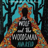 Boekomslag van The Wolf and the Woodsman met een rood met bloemenmotief en een silhouet van een persoon met een capuchon.