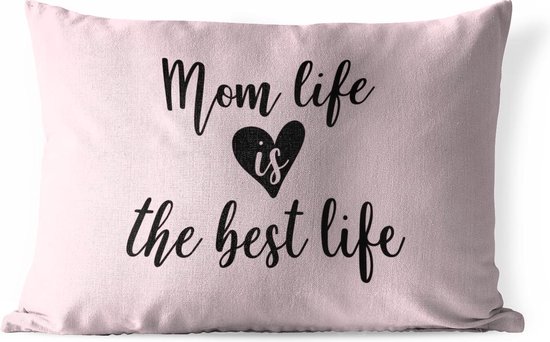 Buitenkussens - Tuin - Moederdag quote ''mom life is the best life'' op roze achtergrond - 50x30 cm