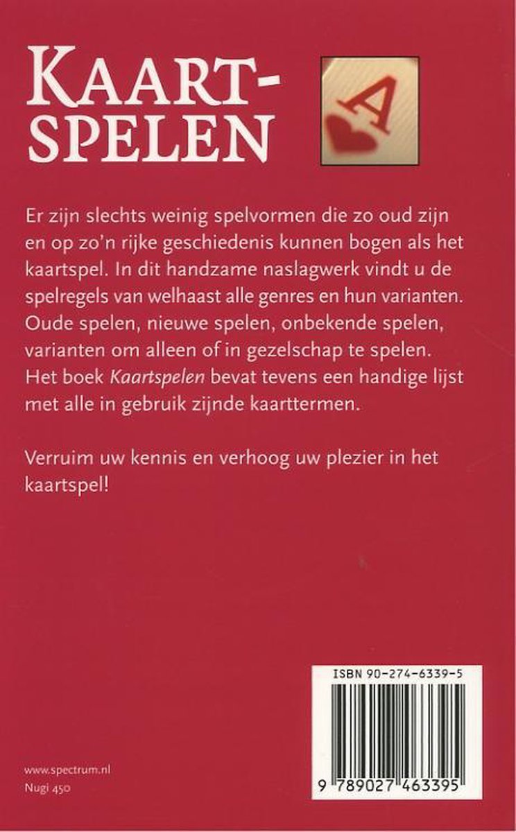 Kaartspelen: Het Spectrum. ISBN 90-274-6339-5. Rug van een boek met informatie over kaartspellen.