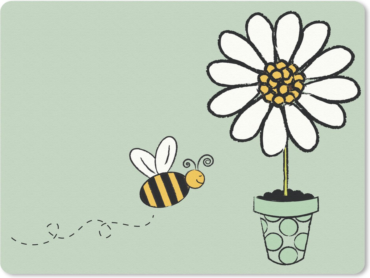 Muismat Bij illustratie - Een illustratie van een bij die naar een witte bloem vliegt muismat rubber - 23x19 cm - Muismat met foto