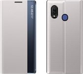 Voor Galaxy A20 / A30 Zijdisplay Met Magnetische / Beugelfunctie / Slaapfunctie Effen textuur Doek + PC Flip Case (zilver)