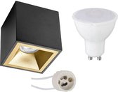 Opbouwspot Set - Igory - Prima Cliron Pro - GU10 Fitting - Opbouw Vierkant - Mat Zwart/Goud - 8W - Warm Wit 3000K - Verdiept - 90mm