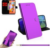 Voor Galaxy A11 Lmitated Mirror Surface Horizontale Flip Leather Case met houder & kaartsleuven & Wallet & Lanyard (paars)