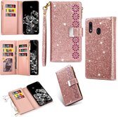 Voor Samsung Galaxy A30 / A20 Multikaartsleuven Sterrenhemel Lasergravure Glitter Rits Horizontale Flip Leren Case met Houder & Portemonnee & Lanyard (Rose Goud)