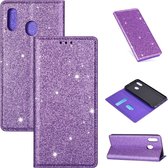 Voor Samsung Galaxy A20e ultradunne glitter magnetische horizontale flip lederen tas met houder en kaartsleuven (paars)