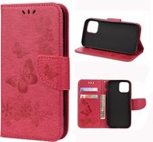 Voor iPhone 12 Pro Vintage reliÃ«f bloemen vlinder patroon horizontale flip lederen tas met kaartsleuf & houder & portemonnee & lanyard (rood)