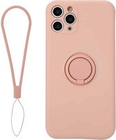 Voor iPhone 11 effen kleur vloeibare siliconen schokbestendige volledige dekking beschermhoes met ringhouder en lanyard (roze)